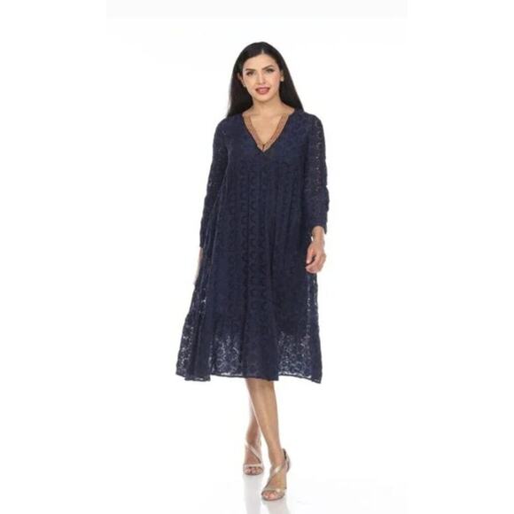 JOHNNY WAS Jade Sz S Small Navy Eyelet Embroidered Midi Dress Silk Blend - Picture 1 of 11